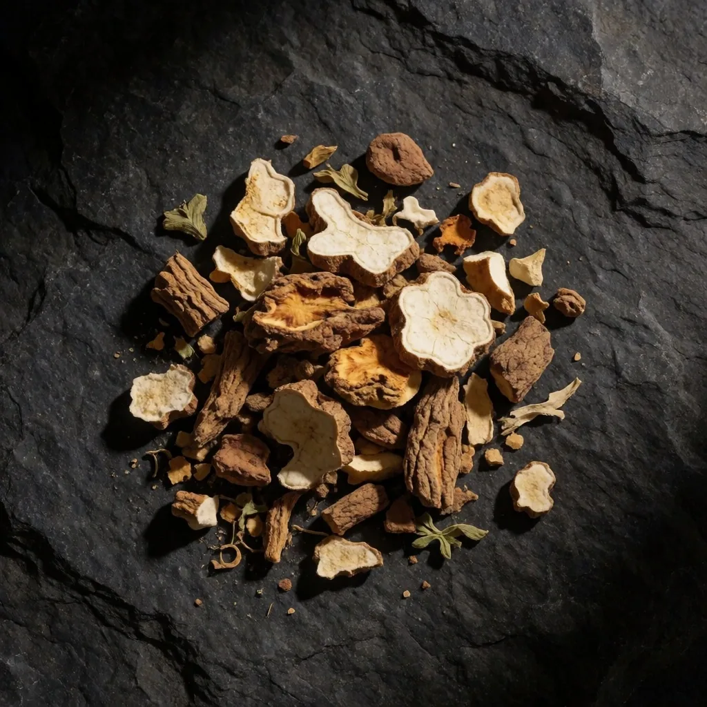 Ashwagandha root specimens on dark slate